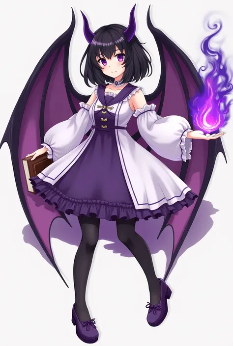 Demon girl.  black hair. purple eyes.  Purple horns and wings .  Hairstyle of two tall gulets with loose hair.  Dressed in a white and purple dress . black stockings. Purple shoes.  Neck Collar . Book in one hand .  Purple fire in the other hand . 