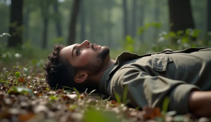 Close up to a tired and exhausted, painful and confused face of a man sitting in a forrest, he hold his hand on his head like if he get headache, cinematic lighting, photorealistic, 8k, lifelike image. 