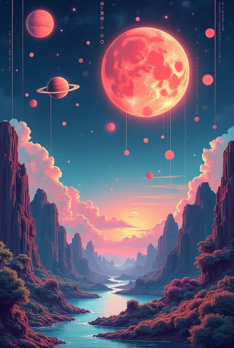 Various colors are added and it is very 2025 caption, Planets, different languages, soothing colors 