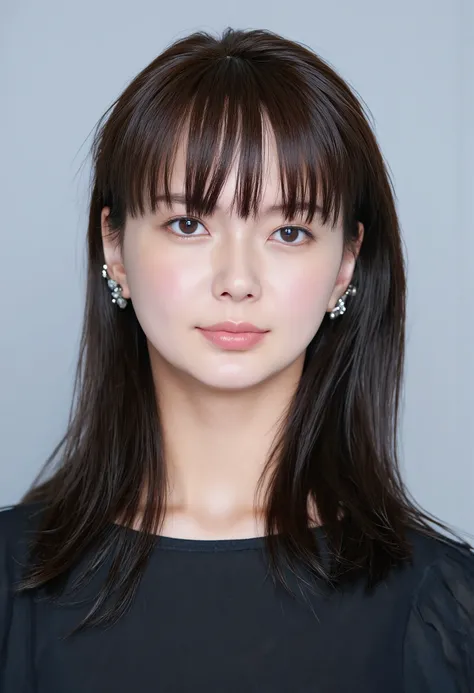 young Japanese woman、 tabe mikako、black hair、 ear piercing、Smiling Face Showing Teeth 、、 beautiful alignment of teeth、 black down jacket、Gray background