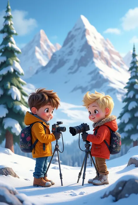 2 personns un blond et un brun e filme avec du materiel dans les montagnes enneigé. beau décor style animé
2 garçons