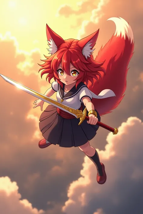 Red-haired anime girl holding a sword flying in the sky with fox ears, a nine-tailed fox tail, and yellow eyes.