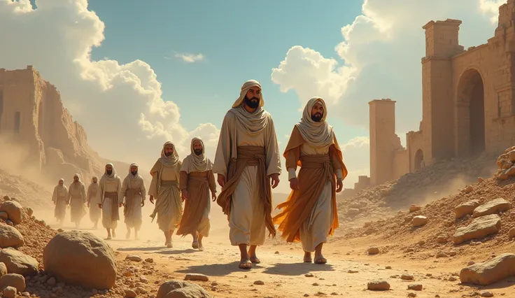 A very clear altra hd dynamic image of" Prophet Hud (AS) and a small group of believers leaving the land safely, under a serene sky, while the ruins of Aad lie in the background—a sign of faith and survival amidst destruction."