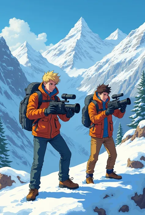 2 personns un blond et un brun e filme avec du materiel dans les montagnes enneigé. beau décor style manga animé 2 garçons
