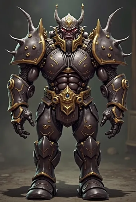 A muscular mechanical barbarian in a dark metallic vein   , gold metal inserts on armor High resolution,  In detail,  masterpiece fails, standing full length 