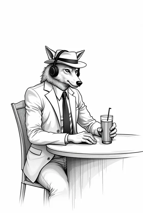 A realistic drawing outline ,  in the background with thick lines and an unshaded white background , Of a werewolf secret agent ,  wearing white spy clothes , tie 
From spy , spy hat ,  spy headset ,  having a drink sitting at a bar table in Paris