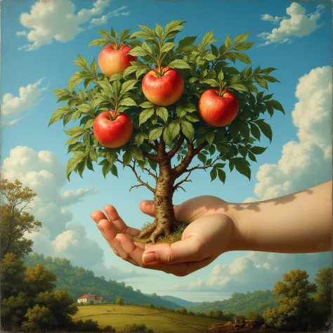 OLD EARLY RENAISSANCE STYLE IMAGE WITH EMBOSSED COLOR, OF A BEAUTIFUL AND LUSH NATURE WITH A SMALL APPLE TREE ROUND THE HAND WITH BLUE SKY AND CLOUD