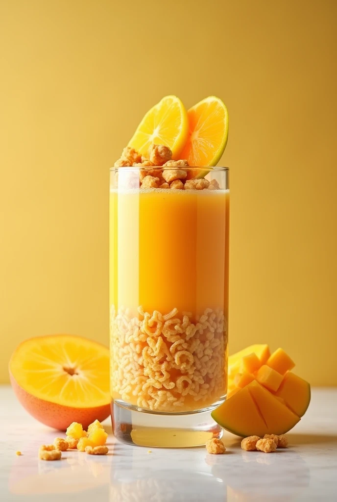 Fill a transfer glass with some cornflakes at the bottom and fill it with mango juice and garnish it with dry fruits