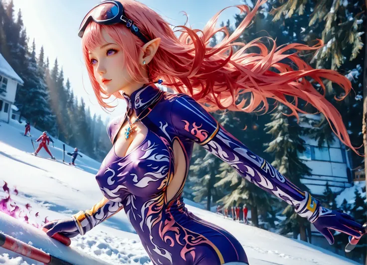 (8k, top quality, Masterpiece , Final Fantasy Style, Panning shot effect:1.5),Atmospheric perspective, 8K, Very detailed, Accurate, Highest quality, masterpiece, Very detailed,Sharp focus, High resolution, full body shot of a sprint skier female sexy elf, ...