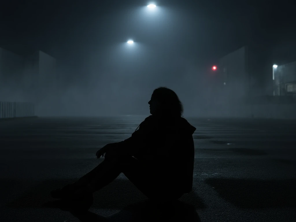 shadow of woman in a empty parking lot sitting, night time, dark , fog, hyper realistic , UHD.