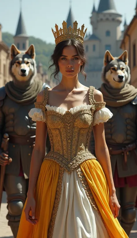 Create A Unreal Beauty Italy Young Woman Queen, Wearing Beautiful Expensive Queen Dress With Crown Matching With Country, Short Hairs, Two Humanoid Big Muscles Wolfhound Head Man Walking Behind Her As Guards, Holding Weapons In Hands, Beautiful Castle Back...