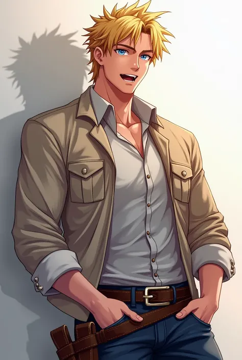  high resolution,  anatomically correct ,  top quality ,  high quality , Blonde, brave,  good-looking, Tall, Muscular,  blue eyes, stupid laugh / confident laugh,  cowboy shot ,  illustration ,  anime style , 1 man