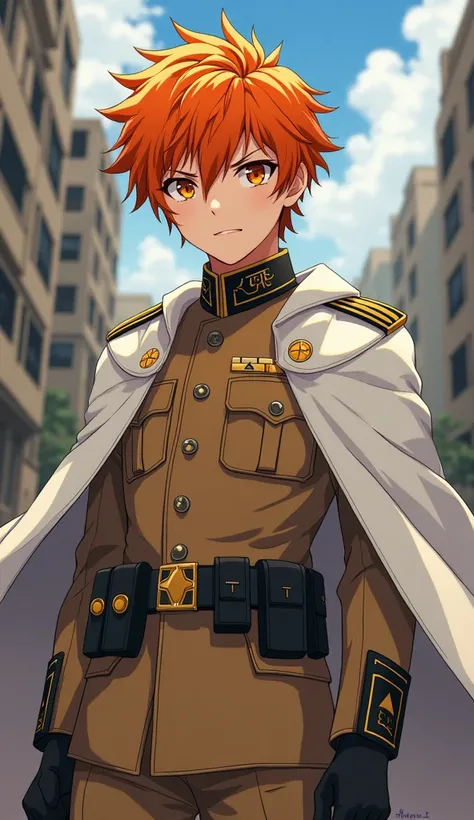 A young guy with orange hair, orange eyes, wearing a white army captains cape. The uniform uniform is a light brown color. Anime style. On zavdnom background deserted city