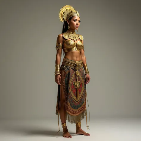 A beautiful women dressed as a traditional Khmer warrior or immortal, wearing a golden headdress, intricate armor, and a patterned sarong, standing confidently, masterpiece, stand up, Stand side ways, full body.
