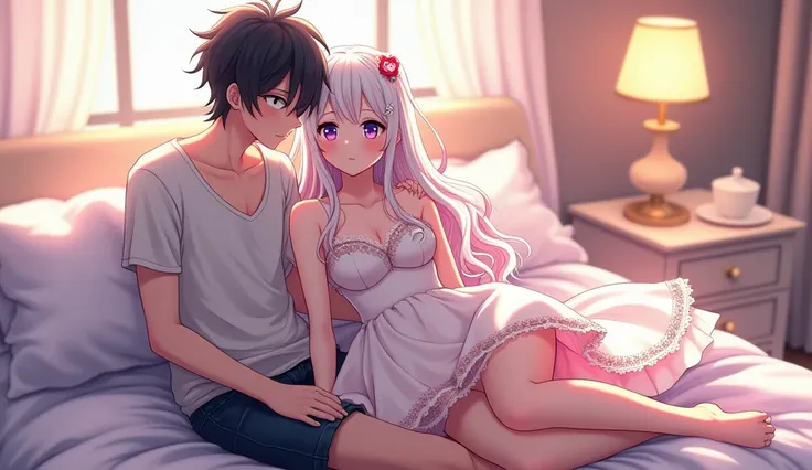 Screencap anime, a girl with long white hair and violet eyes with a man with black hair and black eyes. The man use casual clothes. The girl have big breasts wear dress white pink coquette. Sit at bed together and the boy hold her shoulder.