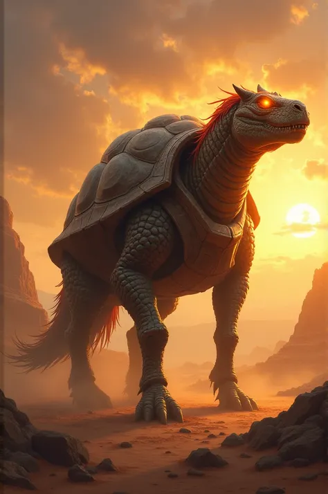 Create a hybrid monster body with horse and  turtle and crocodile, wide shot, background desert view, sunset view, clouds, flame eyes 