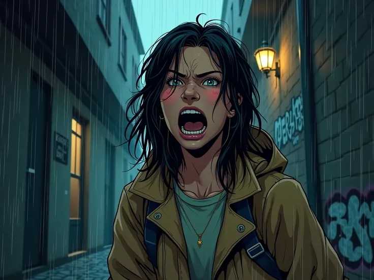 Raincoat girl, frustrated, shouts back in a dark and rainy night in the alley. comic style.