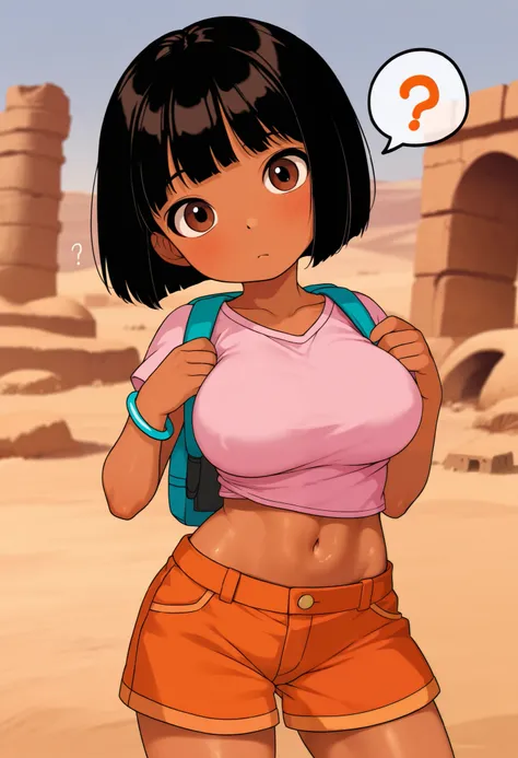 Small young girl, solo, From the front, cute, confused, question mark, large breasts, Dora,  brown eyes, desert ruins, dark-skinned female, bob cut, pink shirt, cutoff shirt, bare midriff, loose shirt,  (orange shorts), bracelet, backpack, (slender athleti...