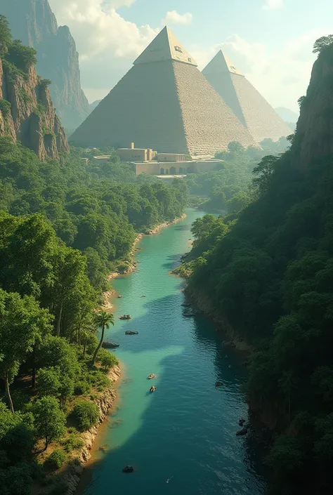 Egypt Paramids under forrest and big river drone shot 