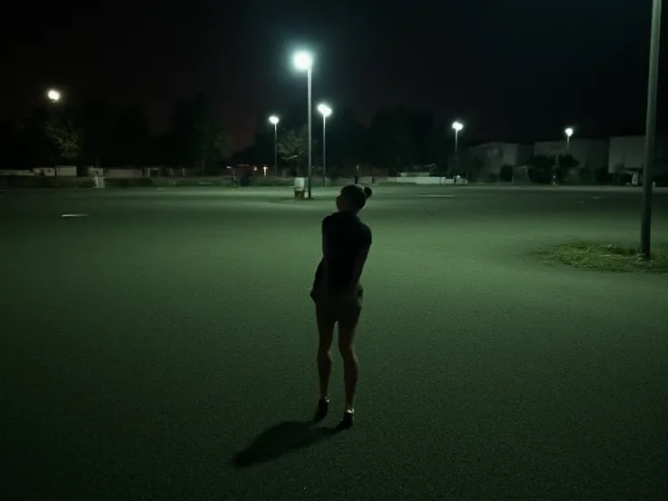 shadow of woman in a empty parking crawling with her hand and feet, night time, dark , fog, hyper realistic , UHD.