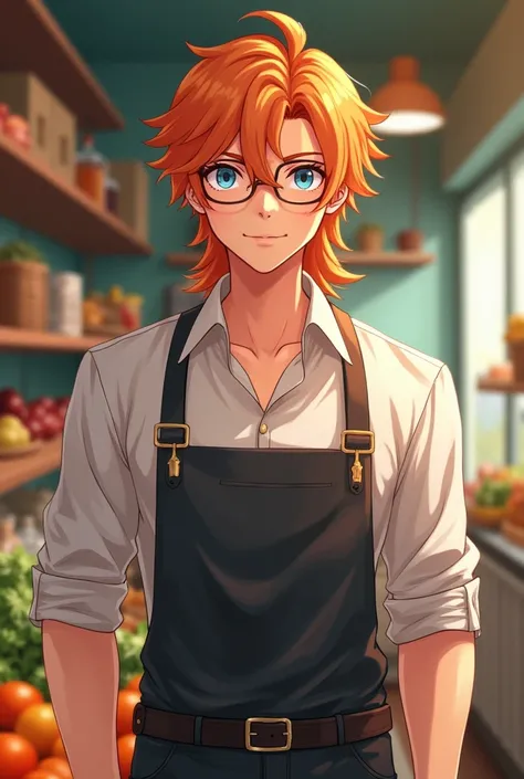 name: Cancer , 26 years old ,  super handsome ,  with orange-peach hair ,  cut a long mullet layer around his neck . blue eyes, looking young and tall .   this character has a gentle and endearing character.   he is the owner of a grocery store ,  has a ge...