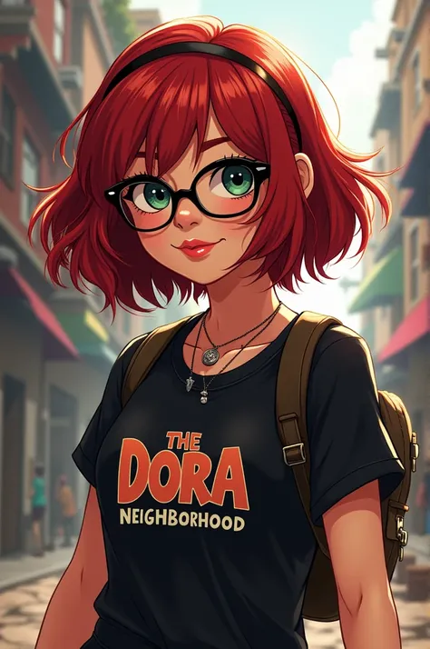 Make the adventurous Dora  (the drawing ) with shorter hair and dark red ,  with black glasses and black t-shirt by the band The Neighborhood