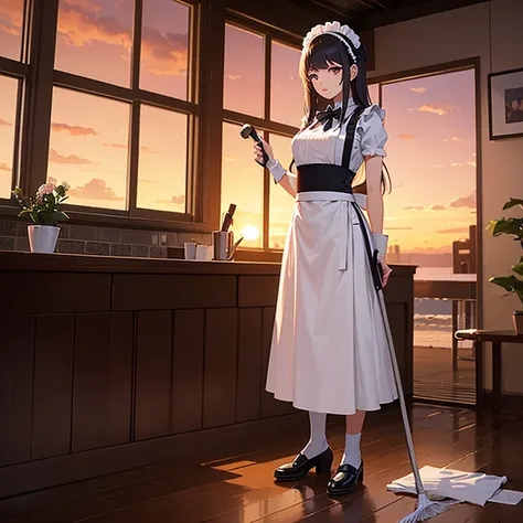 full body model, tall beautiful girl, maid, cafe, cleaning up, sunsets