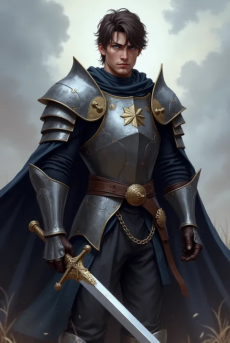 Medieval Armor , brave, Black Cloak,  Metal Armor , Shoulder pads, leather pants,  Steel Waistband , Leather gloves , Sword and sword , battle dress, warrior, Male in his 20s, Strong expression , Muscular,  short hair above the clouds,  blue eyes ,  dark b...