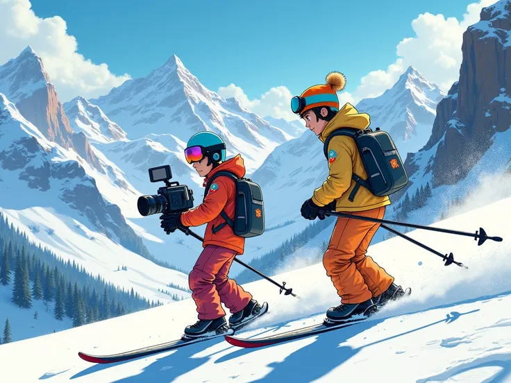 2 personns un blond et un brun filme avec du materiel dans les montagnes enneigé. ILS FONT DU SKI beau décor style manga animé 2 garçons
