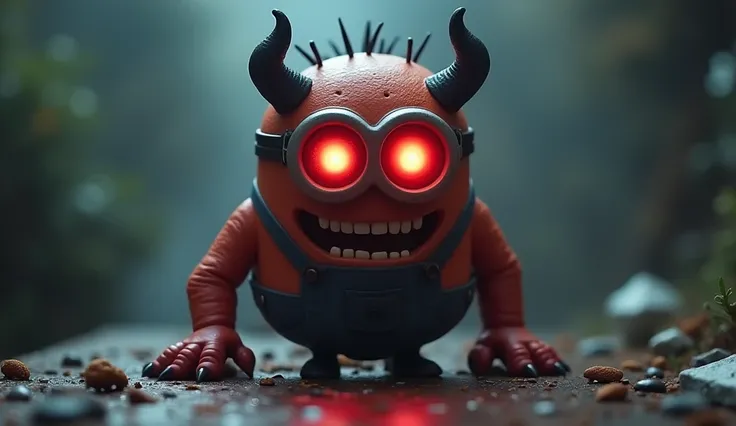 The minion is now huge ,  with two horns and glowing red eyes ,  in one fell swoop and is very scary as the devil and breathes heavily with terrible teeth like a monster,  growls loudly and breaks the lab table .