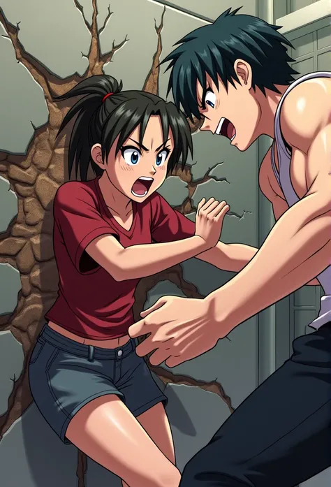 1girl, 1man,  This is a scene of a fierce battle 。Anime-like expressions,  the man kicked,  the girl blew back and collided with the wall from her back due to that impact,  girl almost loses consciousness, girl is shock face, shocking development ,  insane...