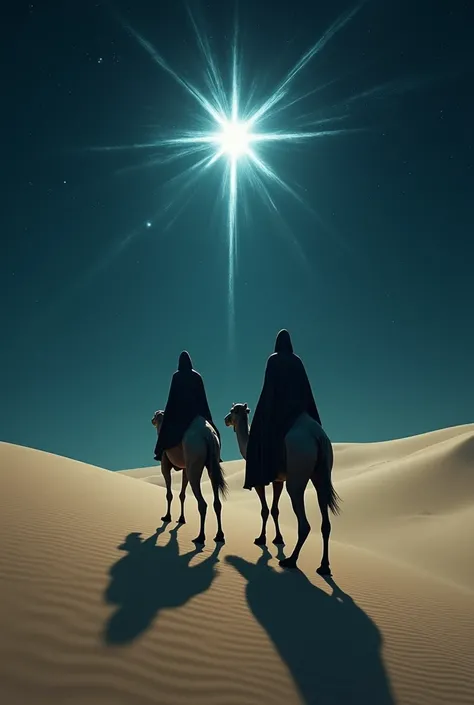  Men riding camels backwards in a desert at night, In the sky a bright star 
