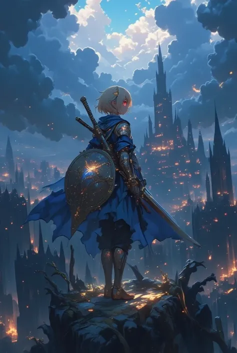 This niji style anime picture portraits a young blonde female elf with short hair styled in a crown braid, shes wearing an adventurer outfit mixed with a chainmail armor and a blue cape. She has a holy sword on her back and a large shield on her back too c...