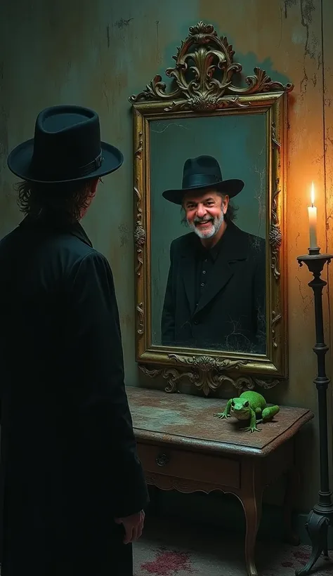 Prompt para a imagem:

In a dark room inside the haunted mansion, a mirror old, worn, gilded frame reflects a disturbing scene. In the reflection, a man in a black hat appears,  with a macabre smile on the face , similar to the distorted smile in the movie...