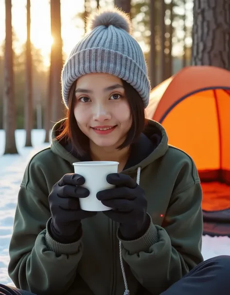 The image shows a young woman sitting outdoors in a snowy setting, near an orange camping tent during sunrise or sunset. She is dressed warmly, wearing a grey beanie with a pom-pom, a dark green hoodie, and black gloves. Her short black hair peeks out slig...