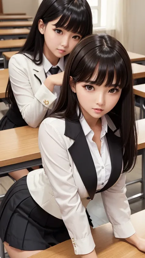 (( High Quality )), (( table top in front of you)), ( detailed face ), (Highlights), woman、Beautiful breasts、 black hair、Heavy bangs、 skirt、 blazer、 school uniform 、