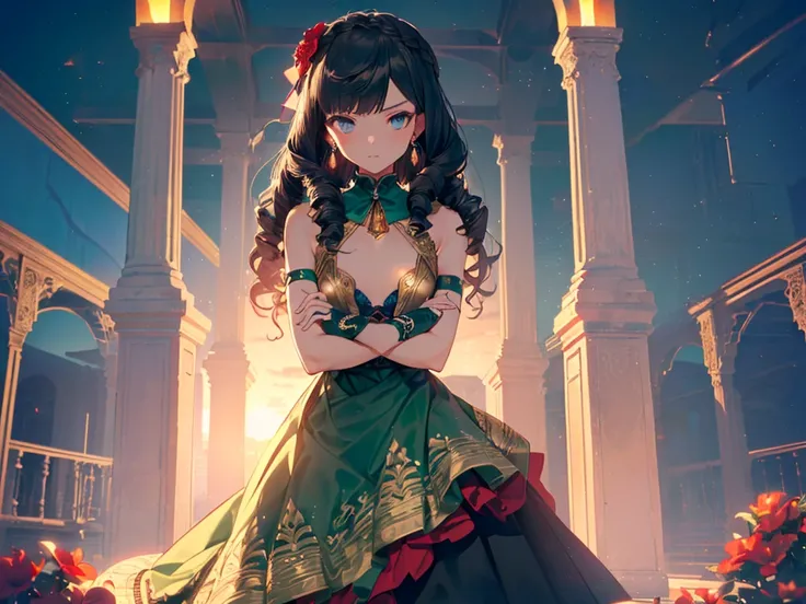 Solo girl, one girl, (arms crossed in front of chest :2), (((hair tied back with a big blue ribbon))), (((long black curly hair))), (((lots of hair accessories))), (((teardrop earrings))), (((dark green A-line high neck tiered skirt cocktail dress, gold ch...