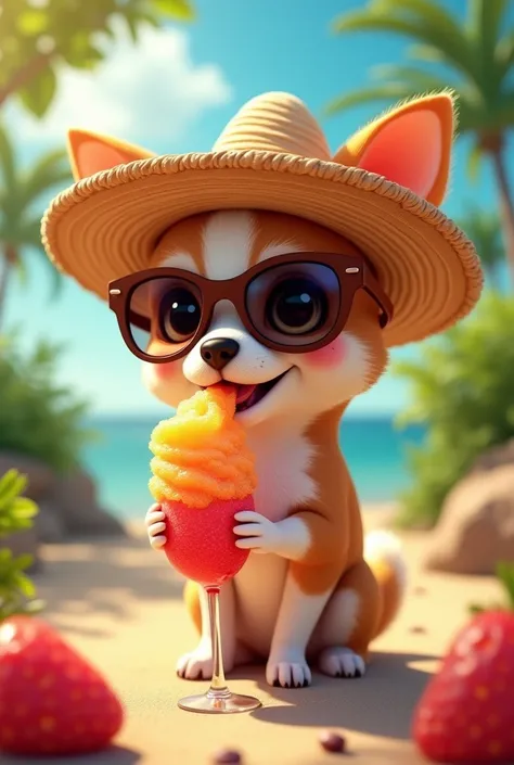 I want the little dog "Chill de Cojones"  in summer mode with glasses and a peasant hat enjoying a fruit scrape 