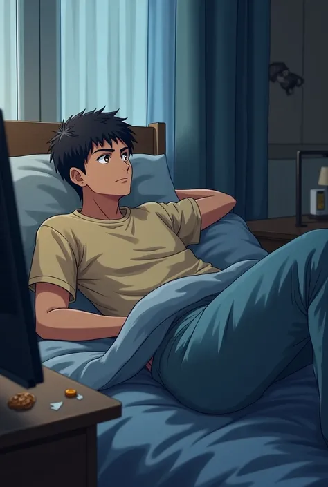 A lazy man at home watching tv from his bed. Anime pic look realistic