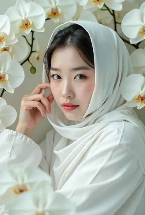 A 16K UHD fine art portrait of a beautiful Korean woman chubby looking at the camera wearing a long hijab with a top-quality ultra-detailed masterpiece. She is lying on a bed of white orchids and wearing a white abaya motif, The surroundings are surrounded...