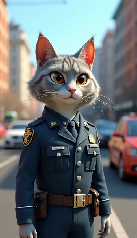  an anthropomorphic male adult cat with gray hair wearing full police clothing. background there is a roadside with crowded vehicular traffic . 3d animated cartoon