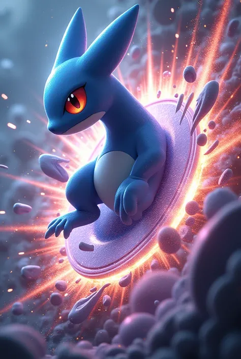 A single Pokémon trading card with a dramatic bursting out of the frame effect. The Pokémons image extends beyond the card’s edges, as if its leaping or exploding out of the card, with dynamic motion lines and a 3D-like presence. The illustration is incred...