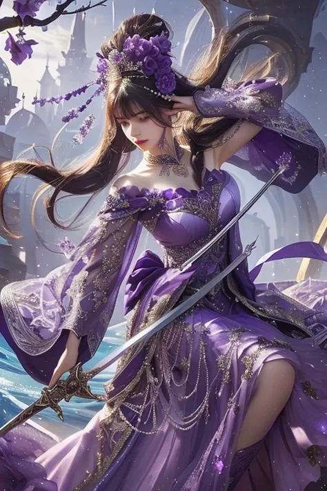 Beautiful girl in a purple dress holding a sword and a purple dress, a beautiful fantasy empress, fantasy artwork,