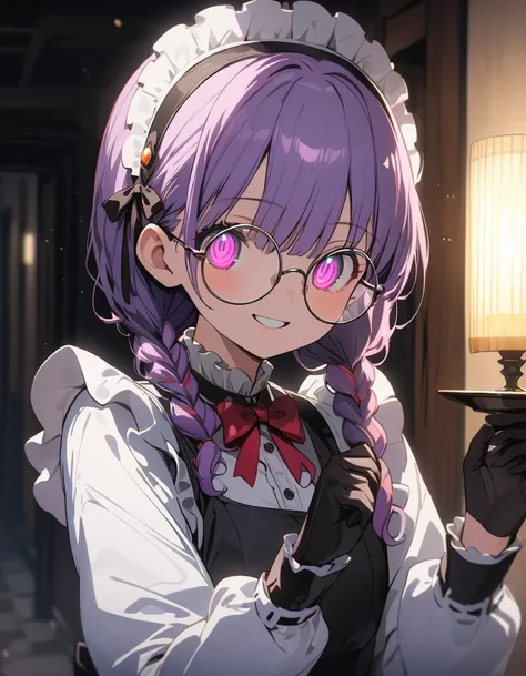 Long purple hair ,  wearing maid clothes, round glasses, Front Light ,Cute 2D, Front lighting 、( for a woman with bristles、masterpiece、 high definition 、 Details)、animeスタイル、 flat style 、(Shining Eyes、 Details美しい顔),  1 girl、extremely  Details、(The Shining),...