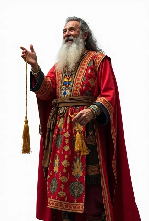 a fair-skinned wizard king of 40 years old ,  wearing Peruvian Andean costume with an expression of joy ,  the white background that can be seen from head to toe holding a string woven with gold threads in his hands 