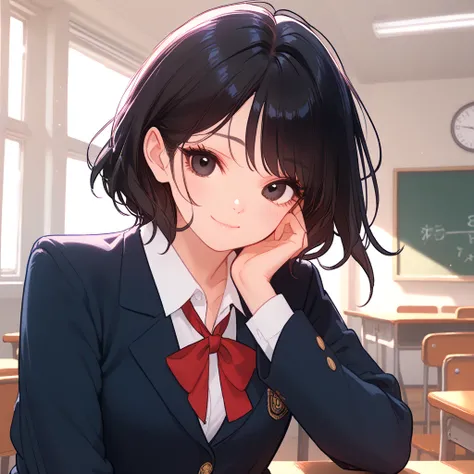   top quality, (15yo:1.0),  black hair, bright hair, short wolf cut hairstyle, swept bangs, school uniform, Unbreakable fingers,  top qualityの指, smile,  closed mouth, Dark Eyes,  blazer, Navy blue clothes,  Red Ribbons , ish, Round eyes, school, Classroom,