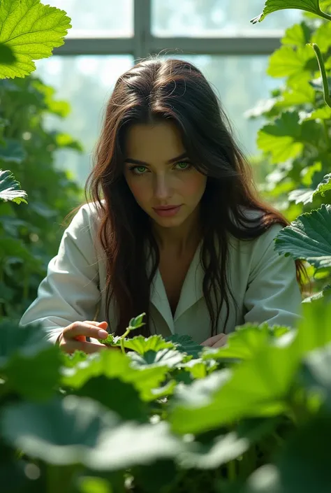 Long-haired, green-eyed scientist in a zucchini greenhouse in Almería 