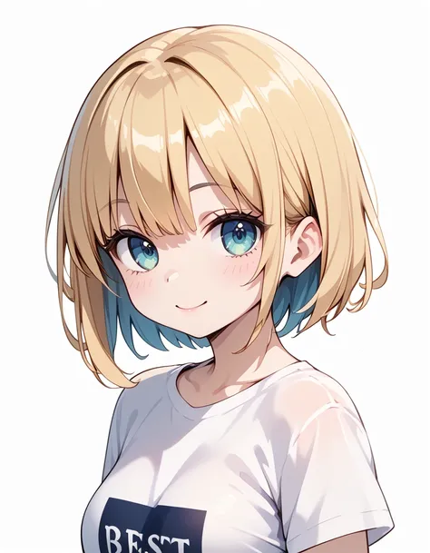 (( best quality:1.4)),  white background, (bust), A girl with short yellow hair ,  is wearing a white half-horse t-shirt.  smiles 