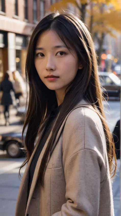 Close Up Today, a young woman turns around at the entrance to a street corner shop. Her long hair is beautiful in the soft autumn light, as is her then-fashionable coat. Around her are other passers-by and show window displays, creating a busy New York aut...