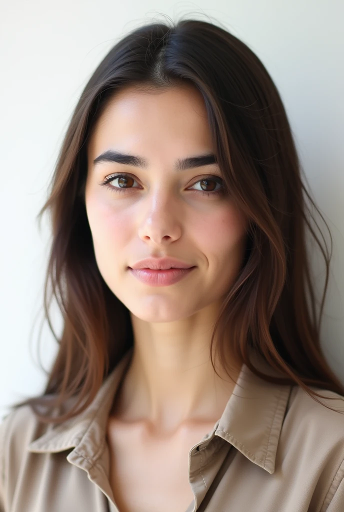 Passport-style photo of a young Turkish woman ((with almond-shaped brown eyes)) ((soft arched eyebrows)) ((full lips without lipstick)). She is facing the camera directly with a neutral expression. The background is plain white, highlighting her features c...